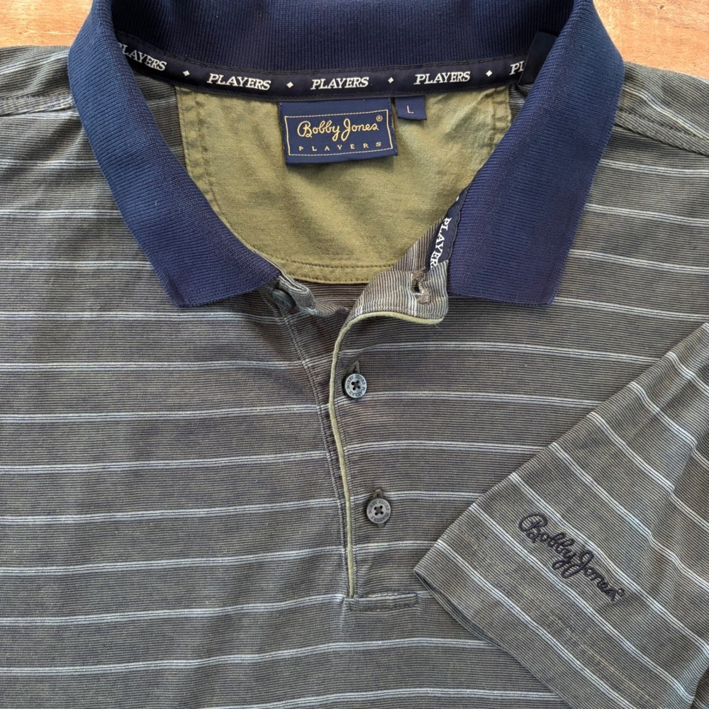 Bobby Jones Players Mens Large Polo Shirt Green Blue Striped Short Sleeve Golf
